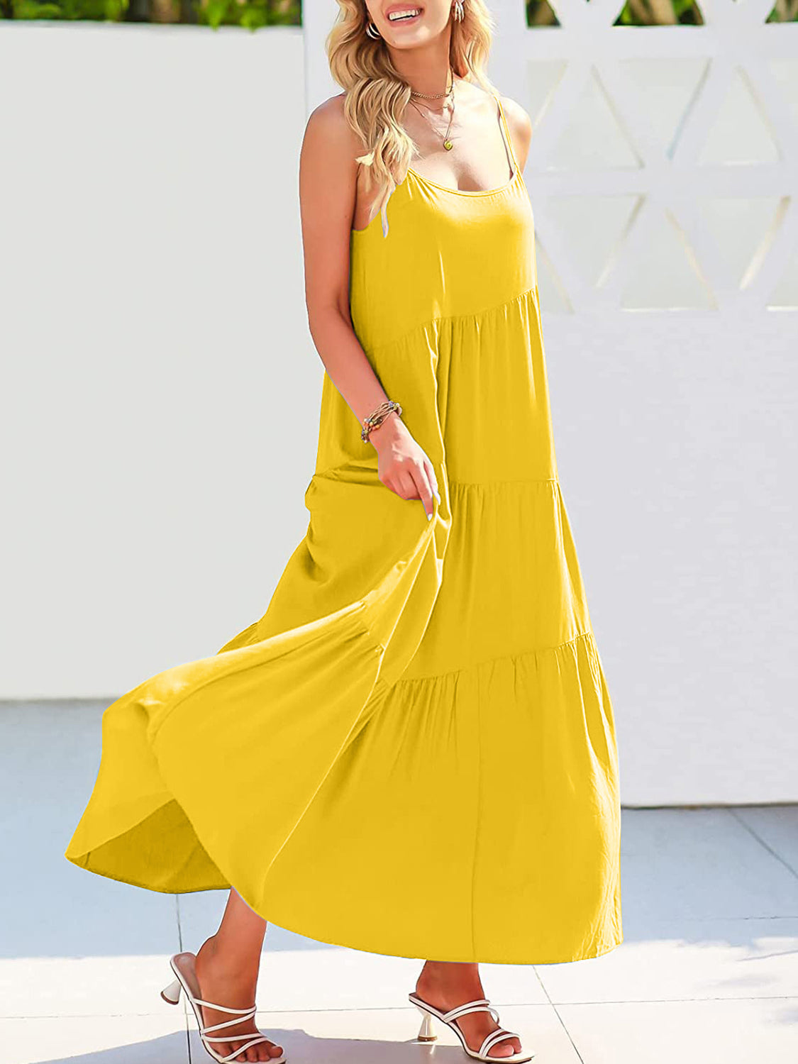Full Size Ruched Tiered Spaghetti Strap Dress - store name